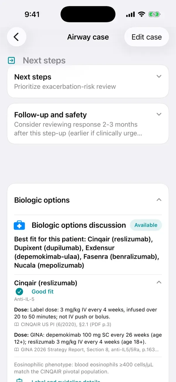 Same asthma case: biologic options ranked by fit with label doses