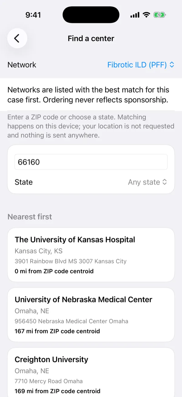 Nearest Pulmonary Fibrosis Foundation care centers to a ZIP code