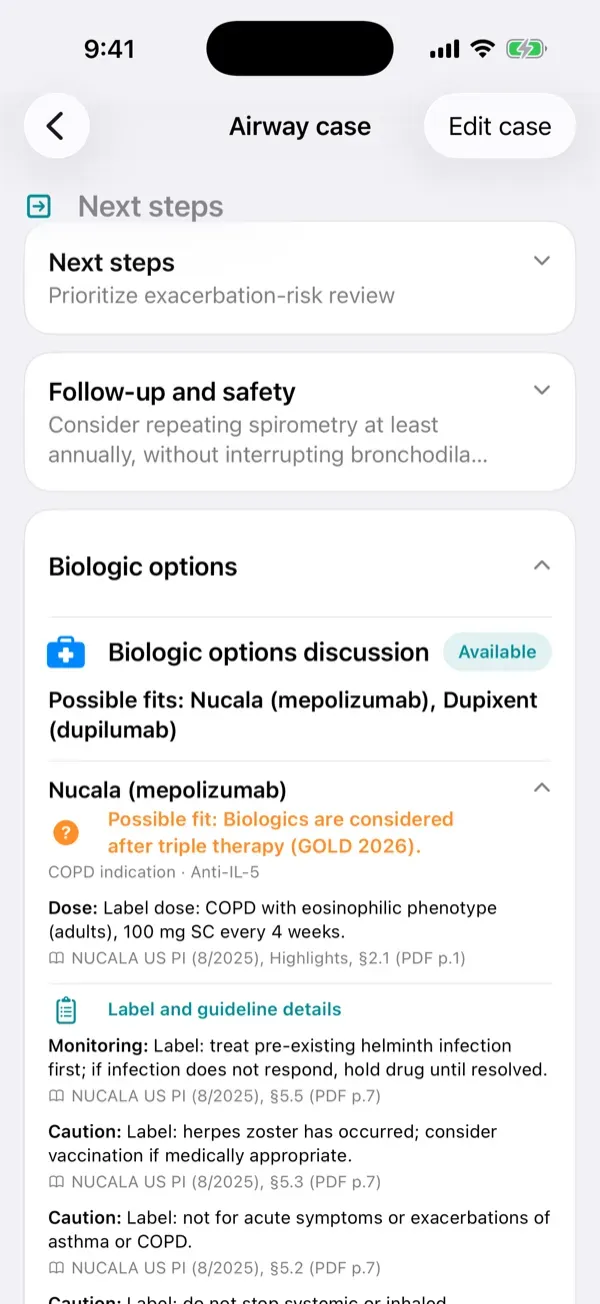 Same COPD case: Nucala and Dupixent as possible fits after triple therapy, with label details