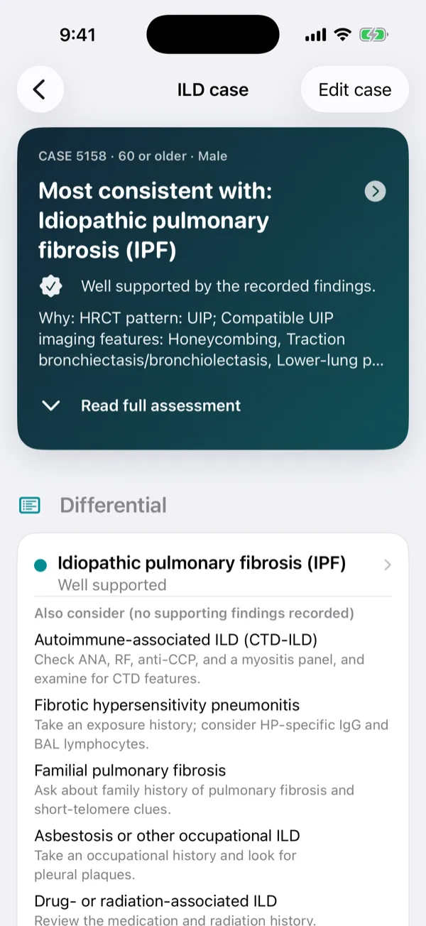 Pulmosaic ILD briefing: most consistent with idiopathic pulmonary fibrosis, well supported, with the reasoning and differential
